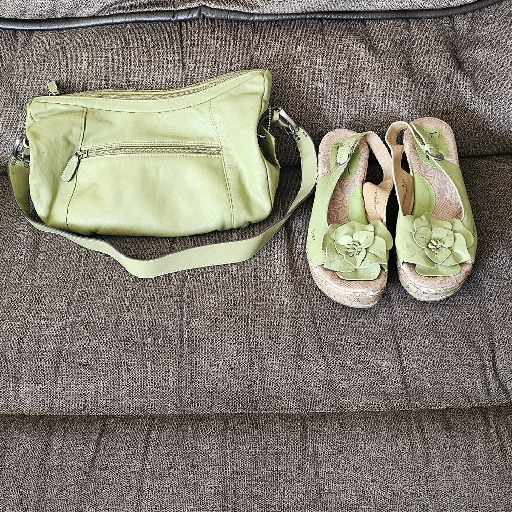 Green Women's Sandals with Floral Detail And Matching Purse.